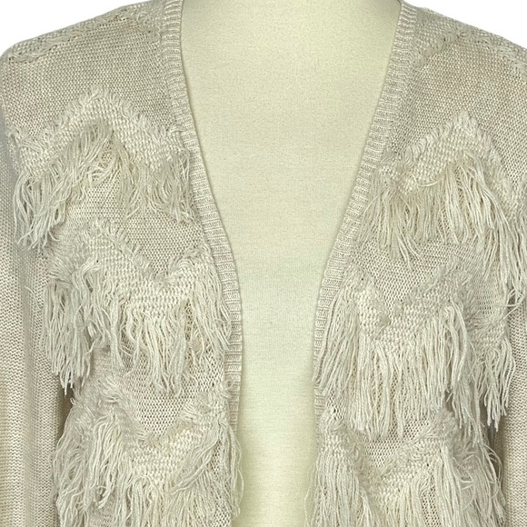 Chico’s Sweater 1 Womens 8 Medium Cardigan Open Front Oatmeal Fringe Chevron - Picture 2 of 11